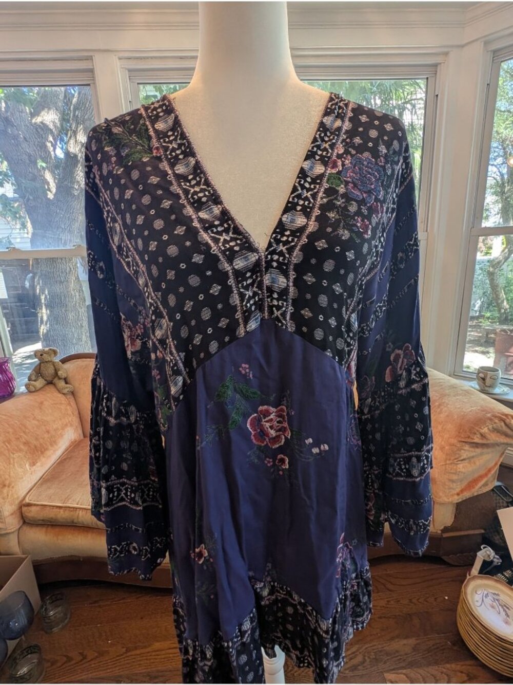 Purple Floral Sky and Sand Swim Cover up Size L Bell Sleeves Beach Summer Swim